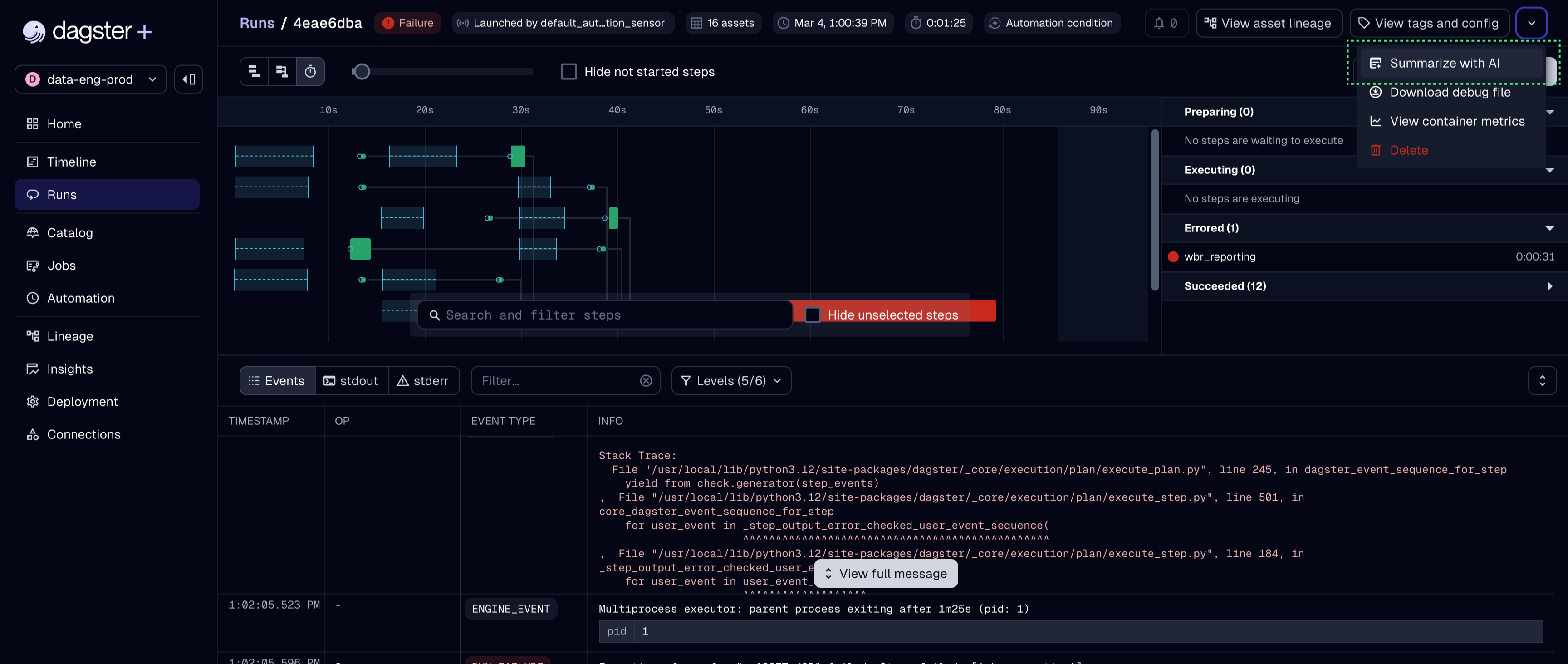 The Summarize with AI option in the run actions menu on a run detail page